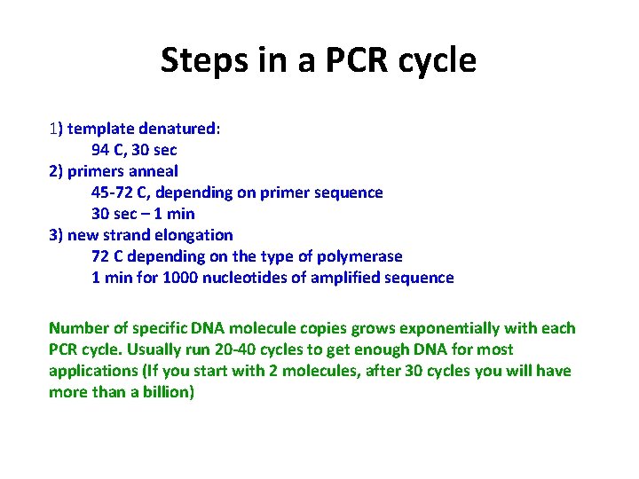 Steps in a PCR cycle 1) template denatured: 94 C, 30 sec 2) primers