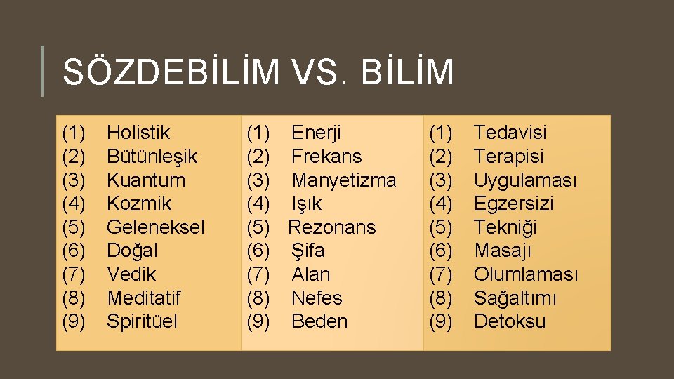 SÖZDEBİLİM VS. BİLİM (1) (2) (3) (4) (5) (6) (7) (8) (9) Holistik Bütünleşik