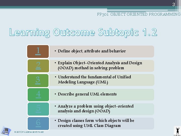 3 FP 301 OBJECT ORIENTED PROGRAMMING Learning Outcome Subtopic 1. 2 1 • Define