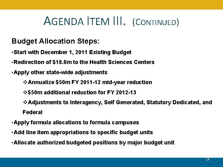 AGENDA ITEM III. (CONTINUED) Budget Allocation Steps: • Start with December 1, 2011 Existing