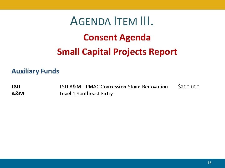 AGENDA ITEM III. Consent Agenda Small Capital Projects Report Auxiliary Funds LSU A&M -