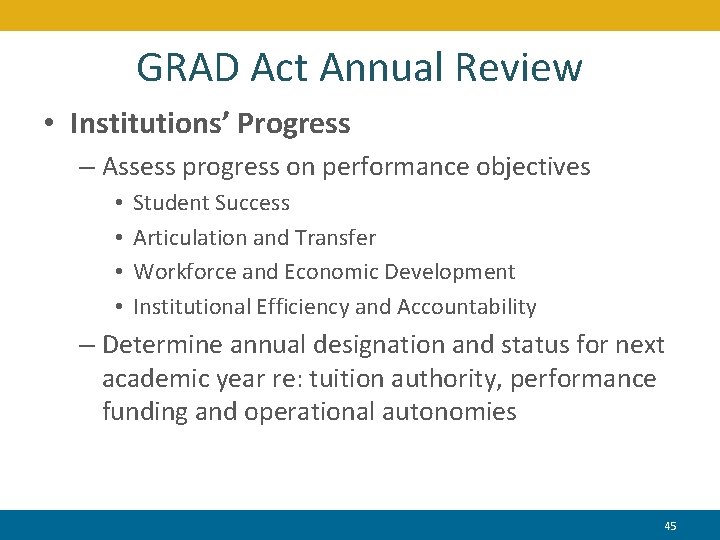 GRAD Act Annual Review • Institutions’ Progress – Assess progress on performance objectives •