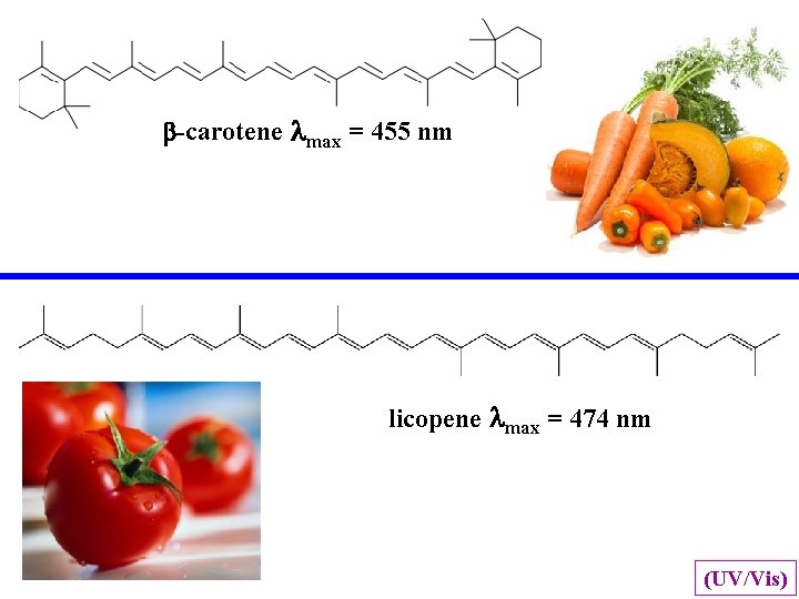 b-carotene lmax = 455 nm licopene lmax = 474 nm (UV/Vis) 