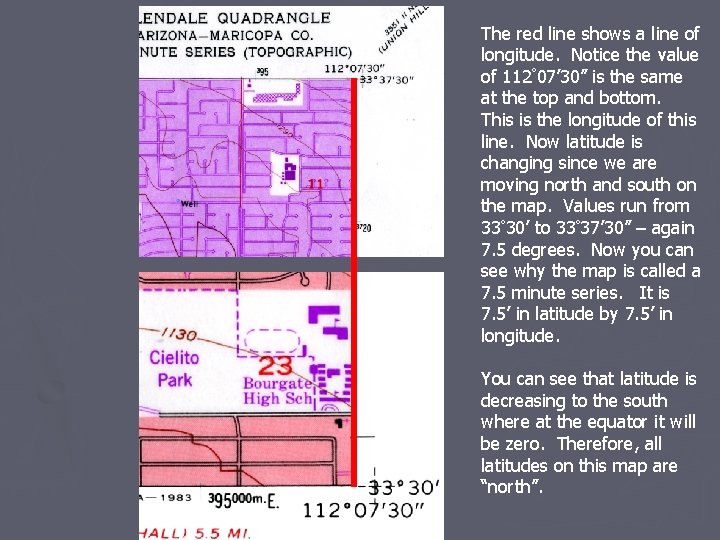 The red line shows a line of longitude. Notice the value of 112° 07’
