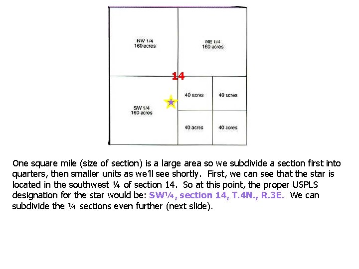 14 One square mile (size of section) is a large area so we subdivide