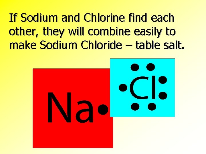 If Sodium and Chlorine find each other, they will combine easily to make Sodium