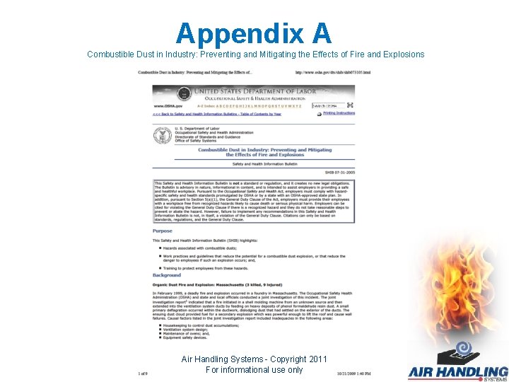 Appendix A Combustible Dust in Industry: Preventing and Mitigating the Effects of Fire and