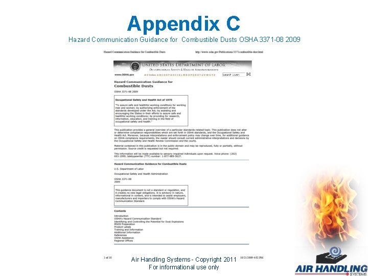 Appendix C Hazard Communication Guidance for Combustible Dusts OSHA 3371 -08 2009 Air Handling