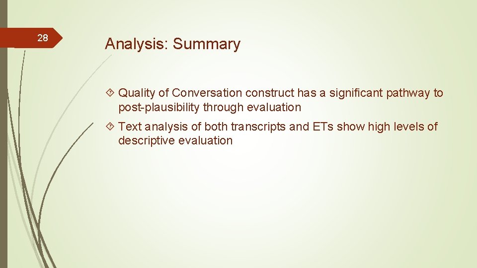 28 Analysis: Summary Quality of Conversation construct has a significant pathway to post-plausibility through