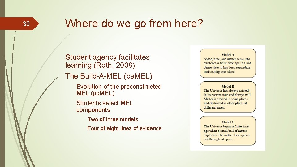 30 Where do we go from here? Student agency facilitates learning (Roth, 2008) The