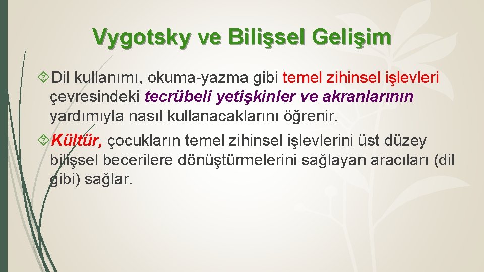 Vygotsky ve Bilişsel Gelişim Dil kullanımı, okuma-yazma gibi temel zihinsel işlevleri çevresindeki tecrübeli yetişkinler