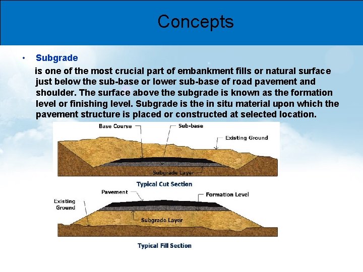 Concepts • Subgrade is one of the most crucial part of embankment fills or