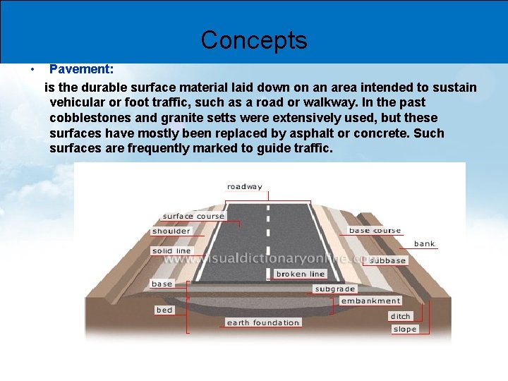 Concepts • Pavement: is the durable surface material laid down on an area intended