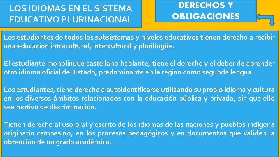 LOS IDIOMAS EN EL SISTEMA EDUCATIVO PLURINACIONAL DERECHOS Y OBLIGACIONES Los estudiantes de todos