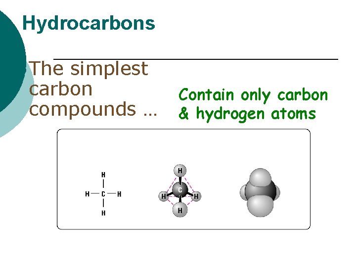 Hydrocarbons ¡ The simplest carbon compounds … Contain only carbon & hydrogen atoms 