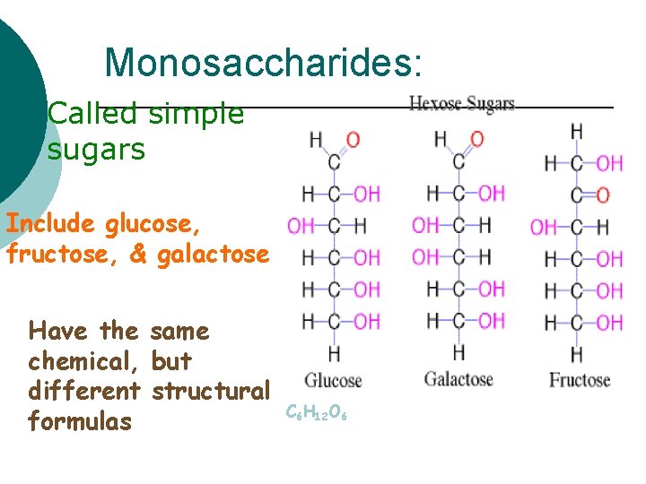 Monosaccharides: ¡ Called sugars simple Include glucose, fructose, & galactose Have the same chemical,