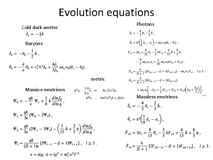 Evolution equations Photons Cold dark amtter Baryons metric Massive neutrinos Massless neutrinos 