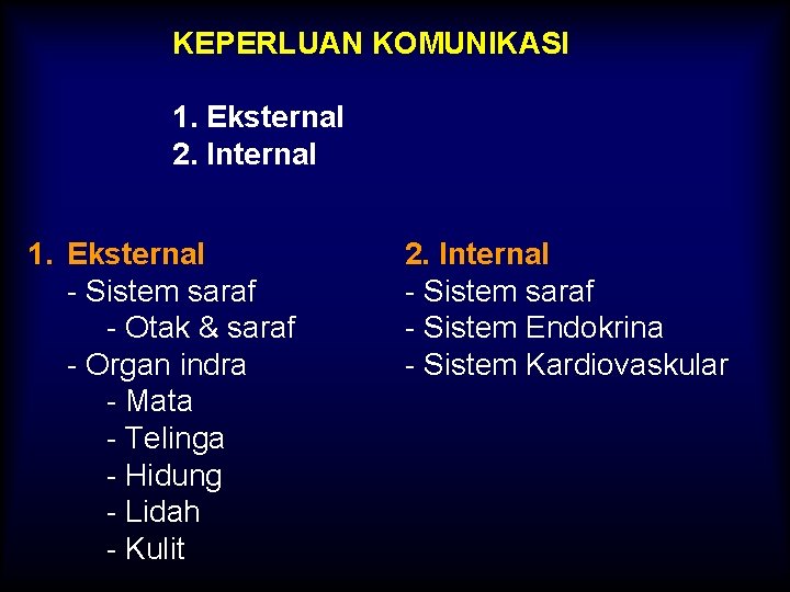 KEPERLUAN KOMUNIKASI 1. Eksternal 2. Internal 1. Eksternal - Sistem saraf - Otak &