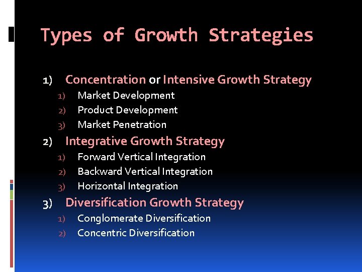 Types of Growth Strategies 1) Concentration or Intensive Growth Strategy 1) 2) 3) Market