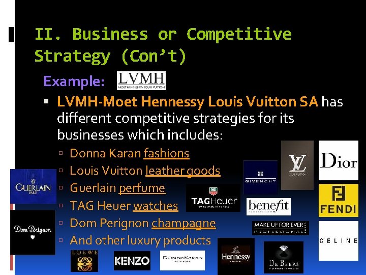 II. Business or Competitive Strategy (Con’t) Example: LVMH-Moet Hennessy Louis Vuitton SA has different