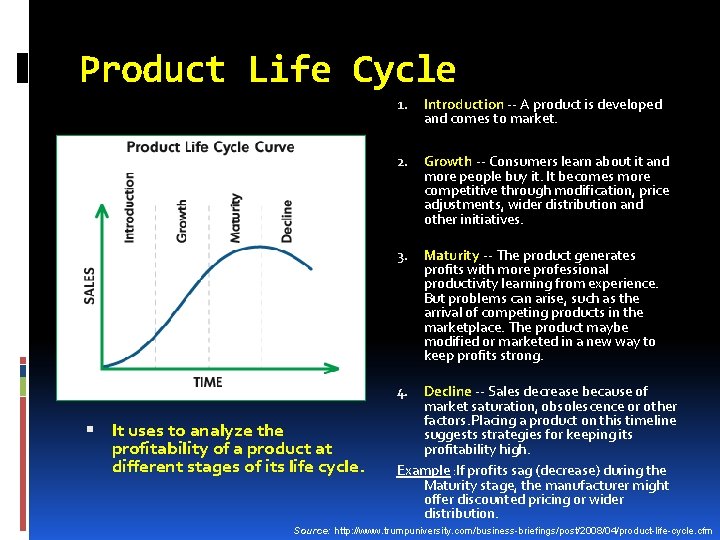 Product Life Cycle 1. Introduction -- A product is developed and comes to market.