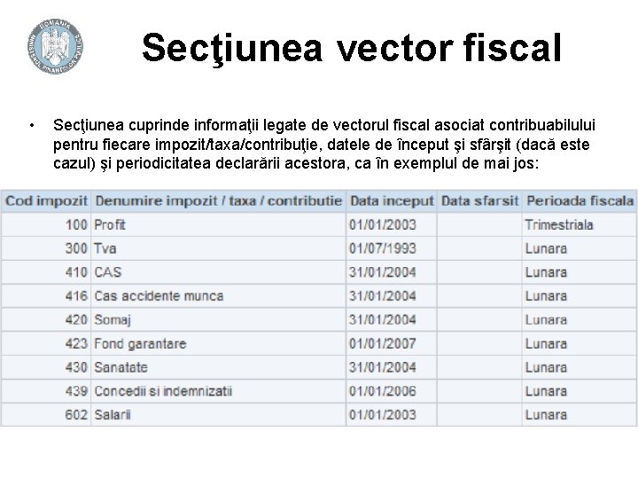 Secţiunea vector fiscal • Secţiunea cuprinde informaţii legate de vectorul fiscal asociat contribuabilului pentru Secţiunea vector fiscal • Secţiunea cuprinde informaţii legate de vectorul fiscal asociat contribuabilului pentru