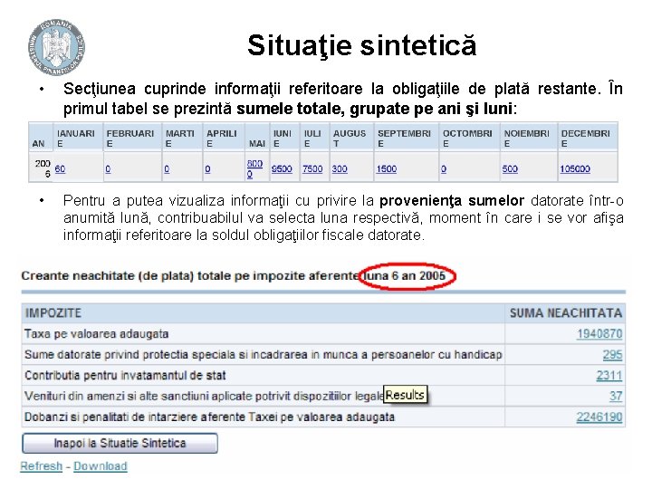 Situaţie sintetică • Secţiunea cuprinde informaţii referitoare la obligaţiile de plată restante. În primul Situaţie sintetică • Secţiunea cuprinde informaţii referitoare la obligaţiile de plată restante. În primul