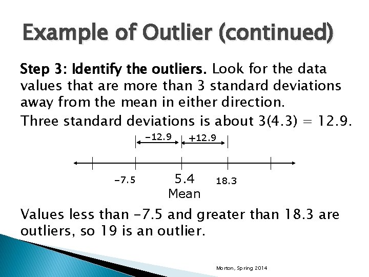 Example of Outlier (continued) Step 3: Identify the outliers. Look for the data values
