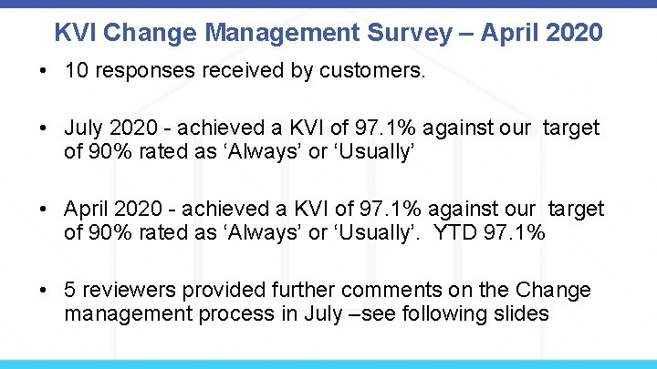 KVI Change Management Survey – April 2020 • 10 responses received by customers. •