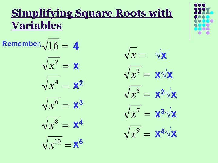 Simplifying Square Roots with Variables Remember, 4 x x 2 x 3 x 4