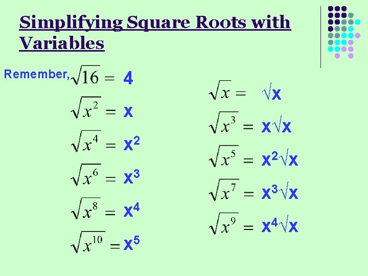 Simplifying Square Roots with Variables Remember, 4 x x 2 x 3 x 4 Simplifying Square Roots with Variables Remember, 4 x x 2 x 3 x 4