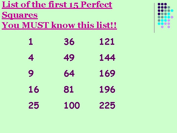 List of the first 15 Perfect Squares You MUST know this list!! 1 36 List of the first 15 Perfect Squares You MUST know this list!! 1 36