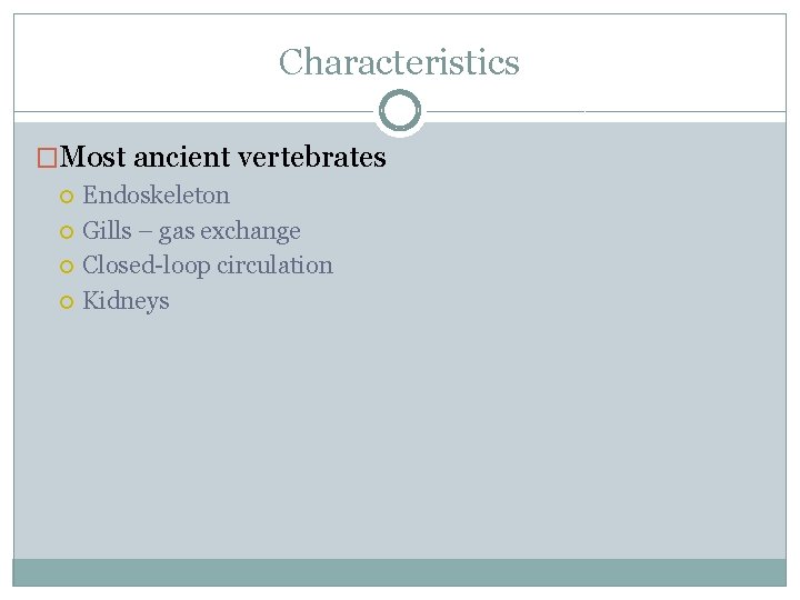 Characteristics �Most ancient vertebrates Endoskeleton Gills – gas exchange Closed-loop circulation Kidneys 