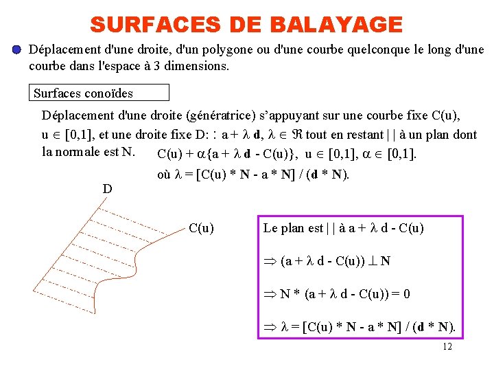 SURFACES DE BALAYAGE Déplacement d'une droite, d'un polygone ou d'une courbe quelconque le long