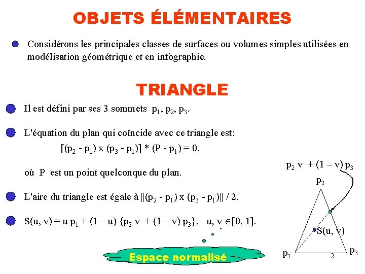 OBJETS ÉLÉMENTAIRES Considérons les principales classes de surfaces ou volumes simples utilisées en modélisation