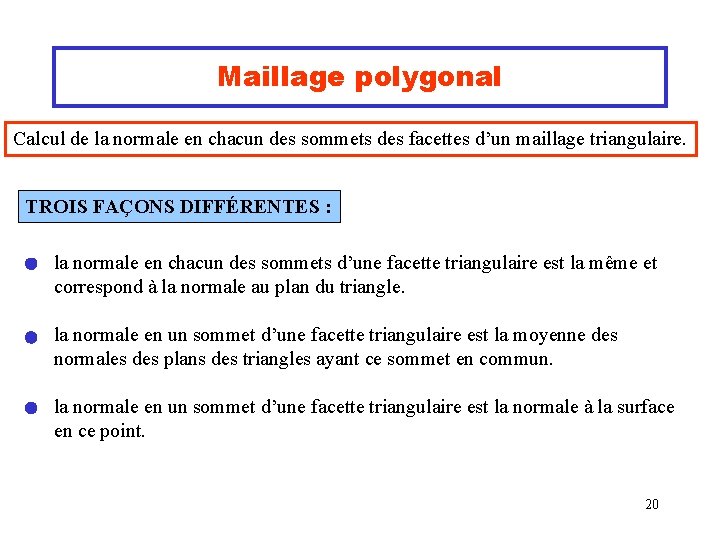 Maillage polygonal Calcul de la normale en chacun des sommets des facettes d’un maillage
