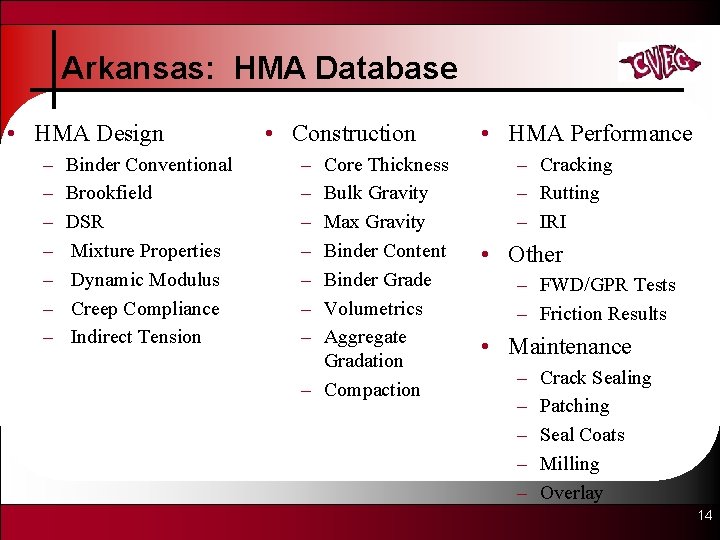 Arkansas: HMA Database • HMA Design – – – – Binder Conventional Brookfield DSR