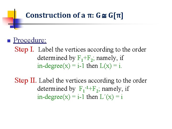 Construction of a π: G G[π] n Procedure: Step I. Label the vertices according
