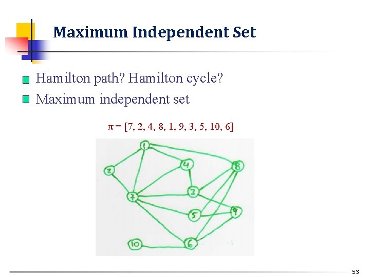 Maximum Independent Set n n Hamilton path? Hamilton cycle? Maximum independent set π =