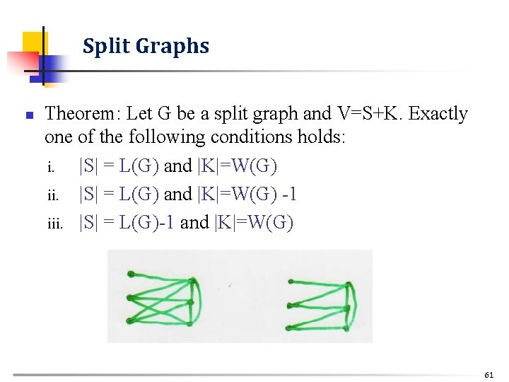 Split Graphs n Theorem: Let G be a split graph and V=S+K. Exactly one