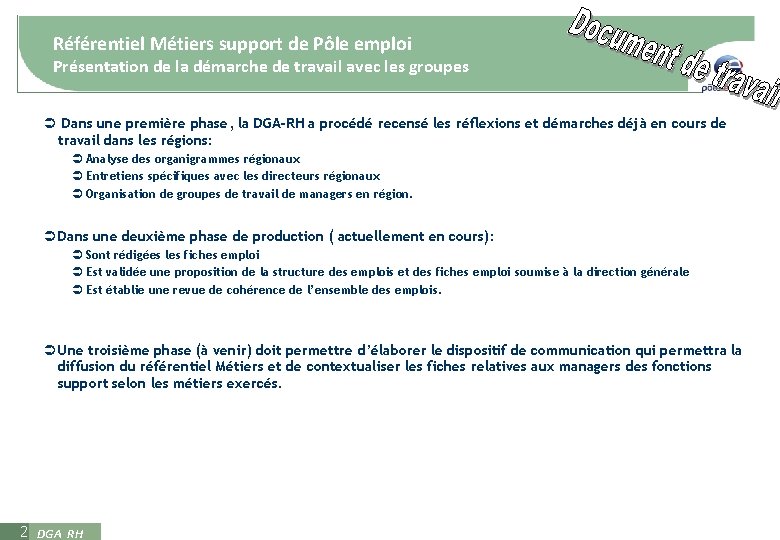 Référentiel Métiers support de Pôle emploi Présentation de la démarche de travail avec les