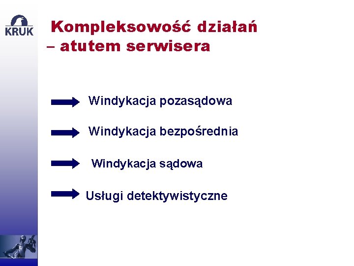 Kompleksowość działań – atutem serwisera Windykacja pozasądowa Windykacja bezpośrednia Windykacja sądowa Usługi detektywistyczne 