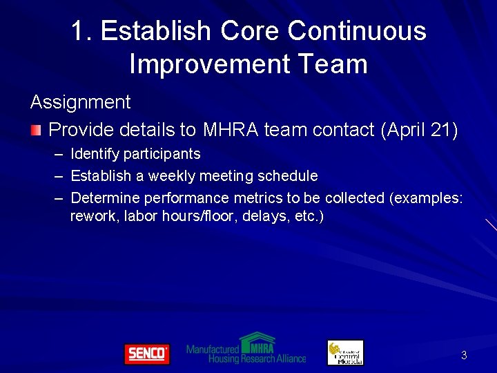 1. Establish Core Continuous Improvement Team Assignment Provide details to MHRA team contact (April