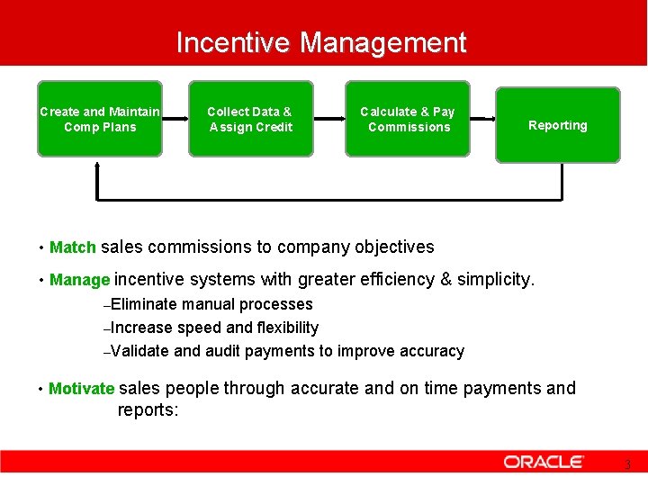 Incentive Management Create and Maintain Comp Plans Collect Data & Assign Credit Calculate & Incentive Management Create and Maintain Comp Plans Collect Data & Assign Credit Calculate &