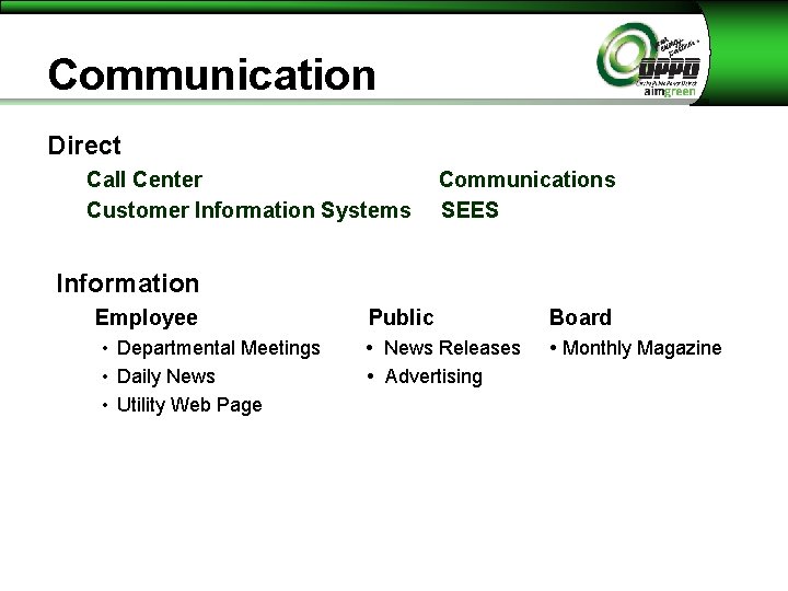 Communication Direct Call Center Customer Information Systems Communications SEES Information Employee • Departmental Meetings