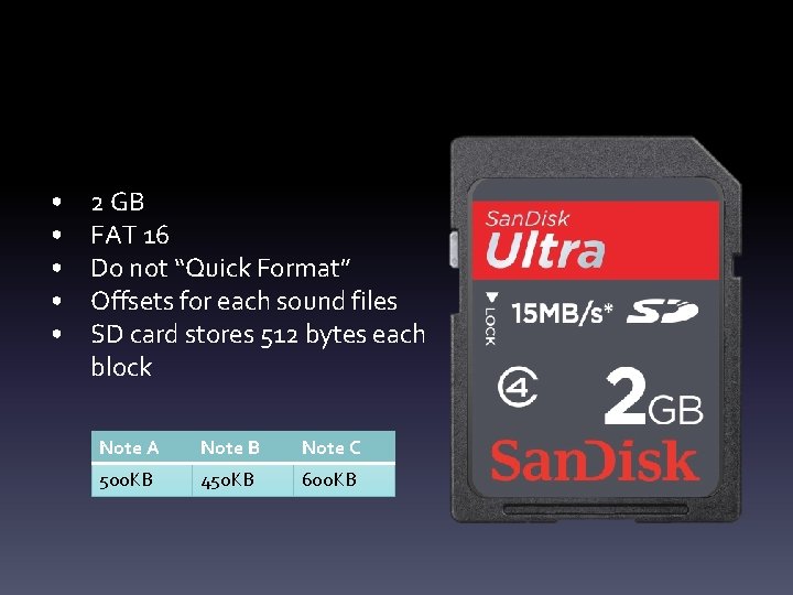  • • • 2 GB FAT 16 Do not “Quick Format” Offsets for