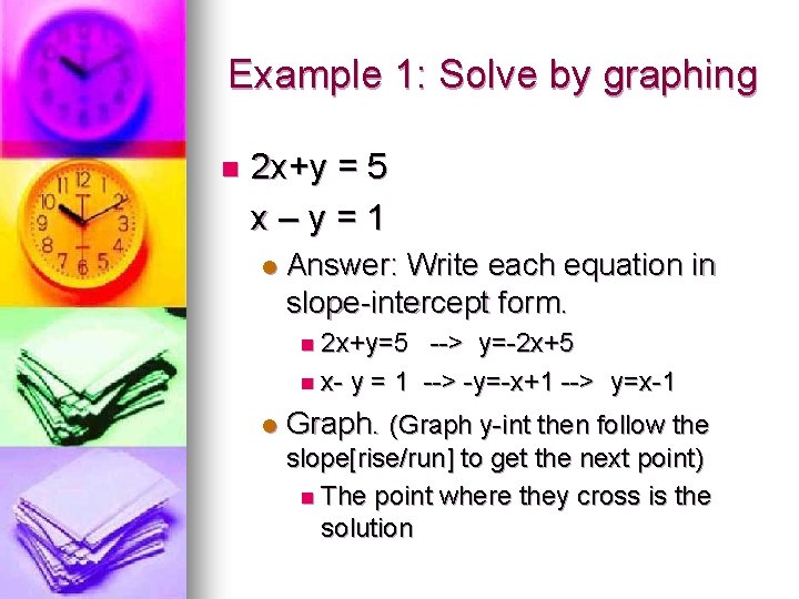 Example 1: Solve by graphing n 2 x+y = 5 x–y=1 l Answer: Write