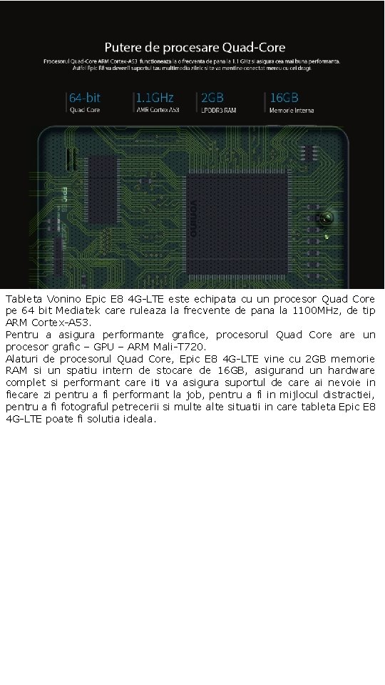Tableta Vonino Epic E 8 4 G-LTE este echipata cu un procesor Quad Core
