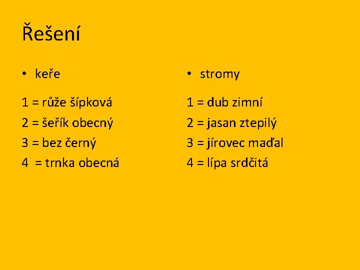Řešení • keře • stromy 1 = růže šípková 2 = šeřík obecný 3