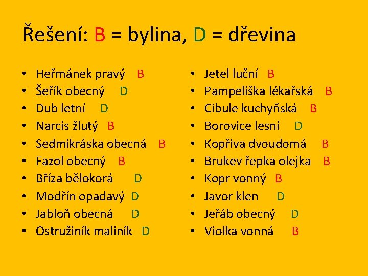 Řešení: B = bylina, D = dřevina • • • Heřmánek pravý B Šeřík